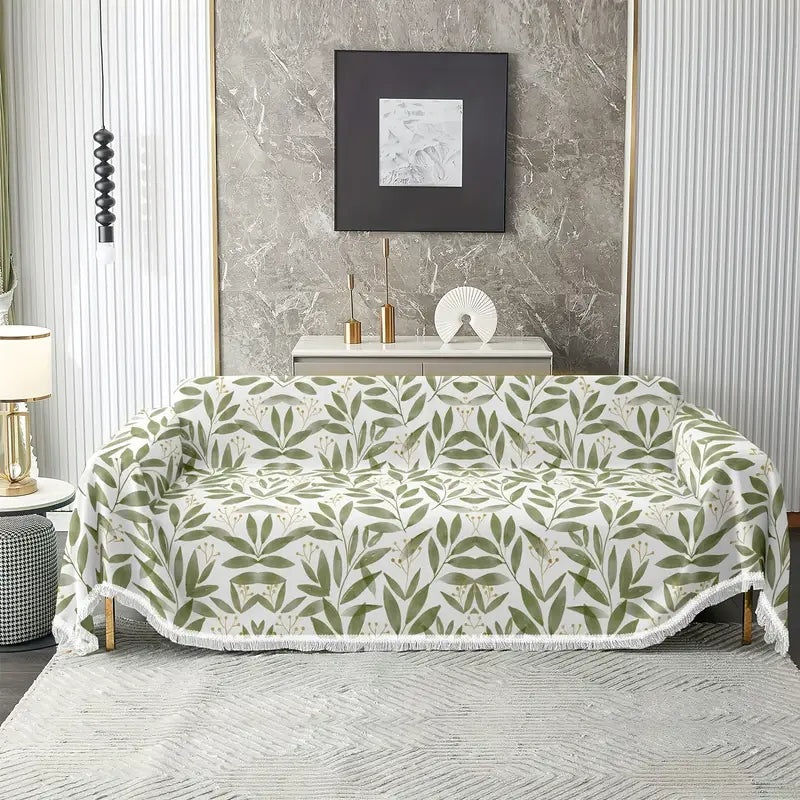 White & Green Leaf Pattern Sofa Cover