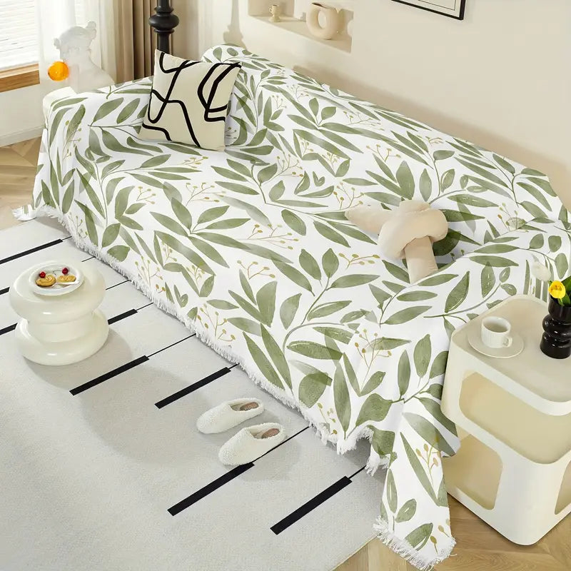 White & Green Leaf Pattern Sofa Cover