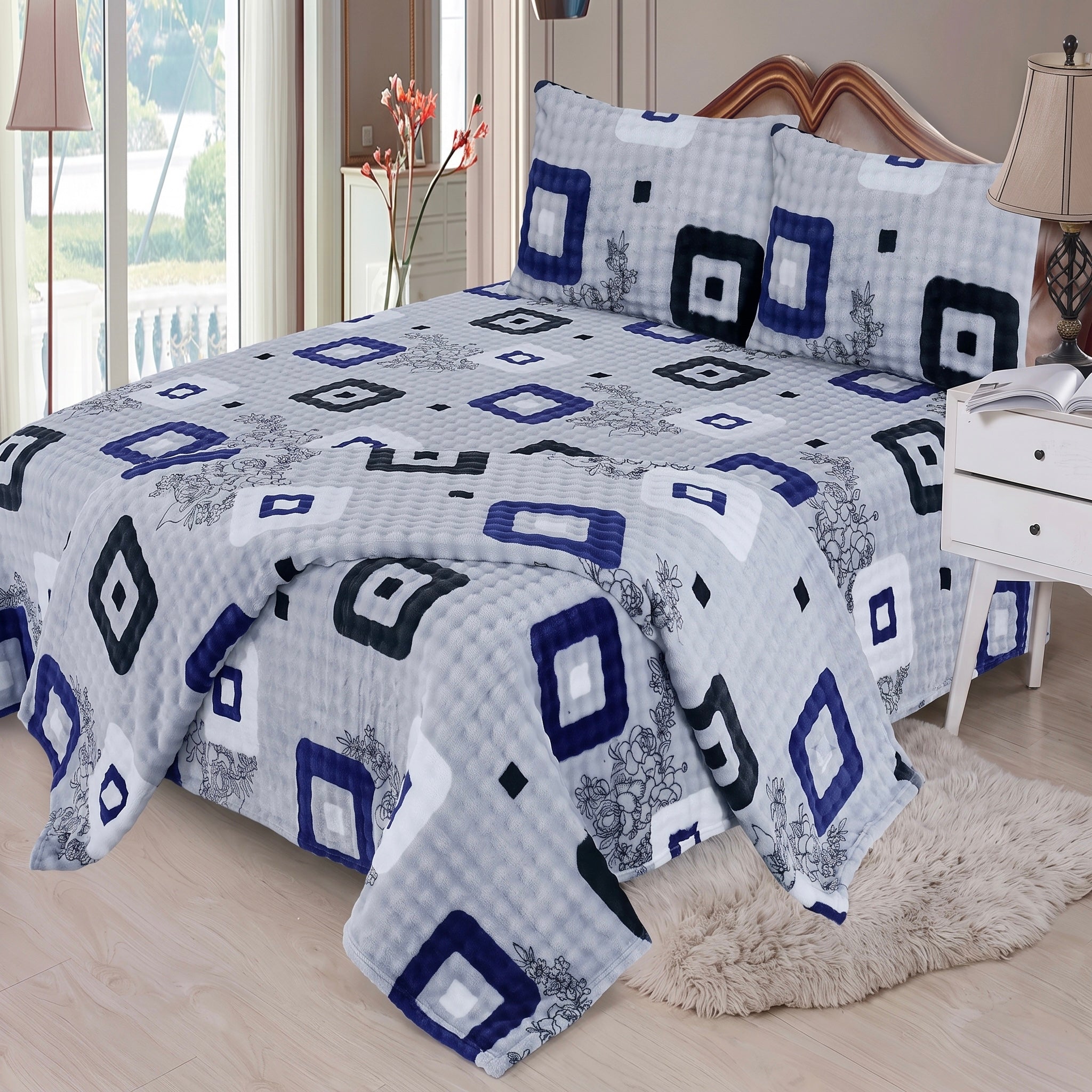 Superior Boxy Bubble Square Motif Faux Fur 4-Piece Bedding Set