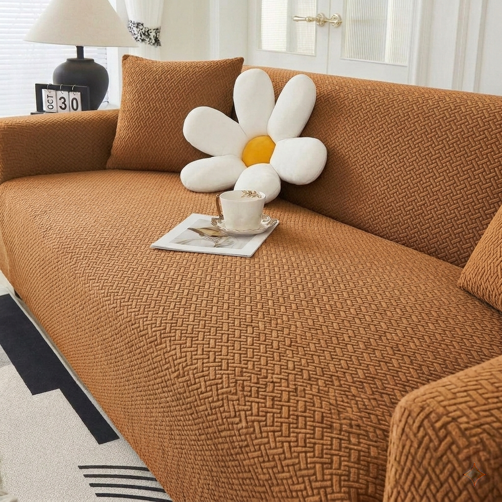 Stripe Jacquard Camel Brown Sofa Cover