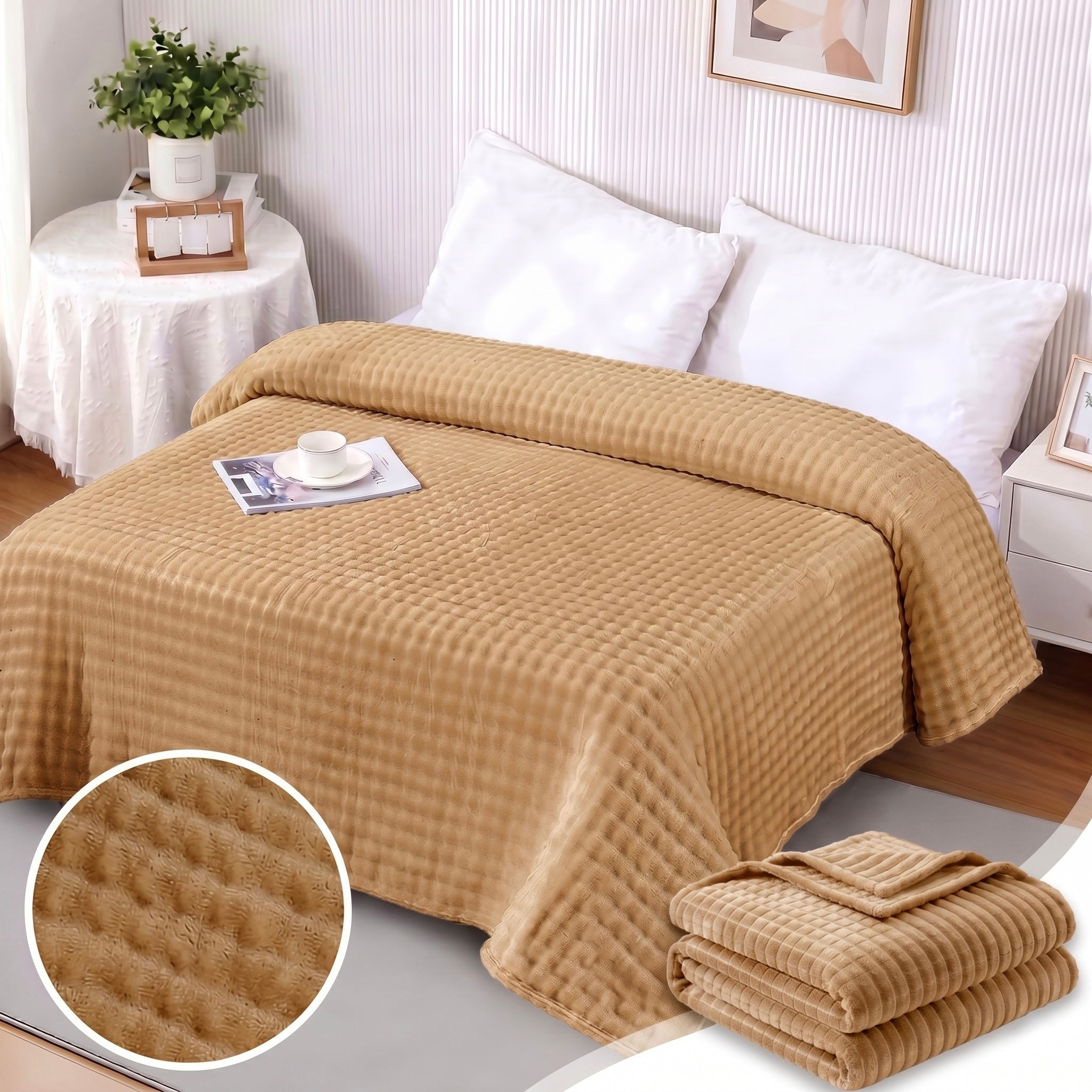ZIMSHA Premium 3D Waffle Plush Fleece Blanket – Warm Sand (200x240 cm)