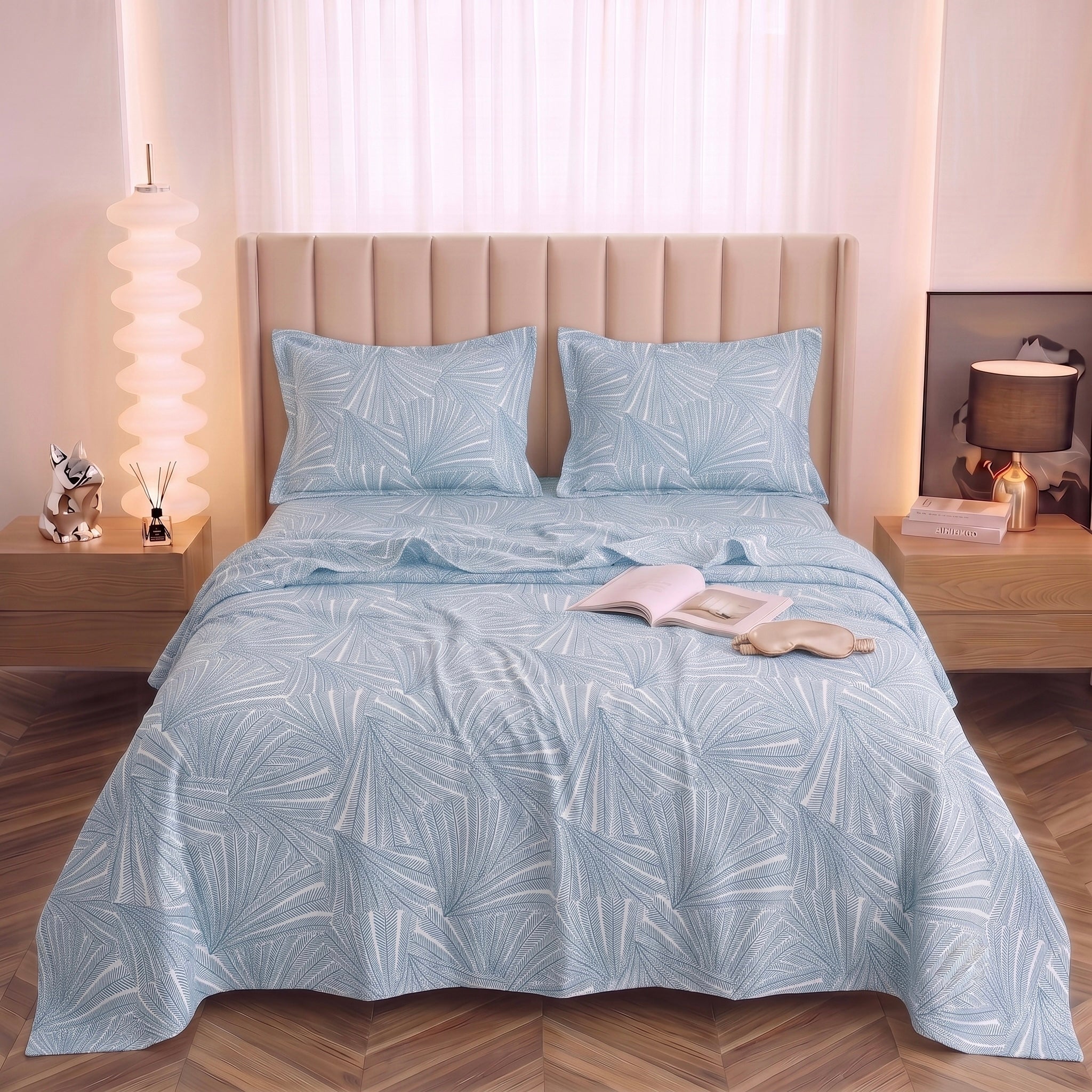 Modern Sky Blue Geometric Leaf 3-Piece Bed Set
