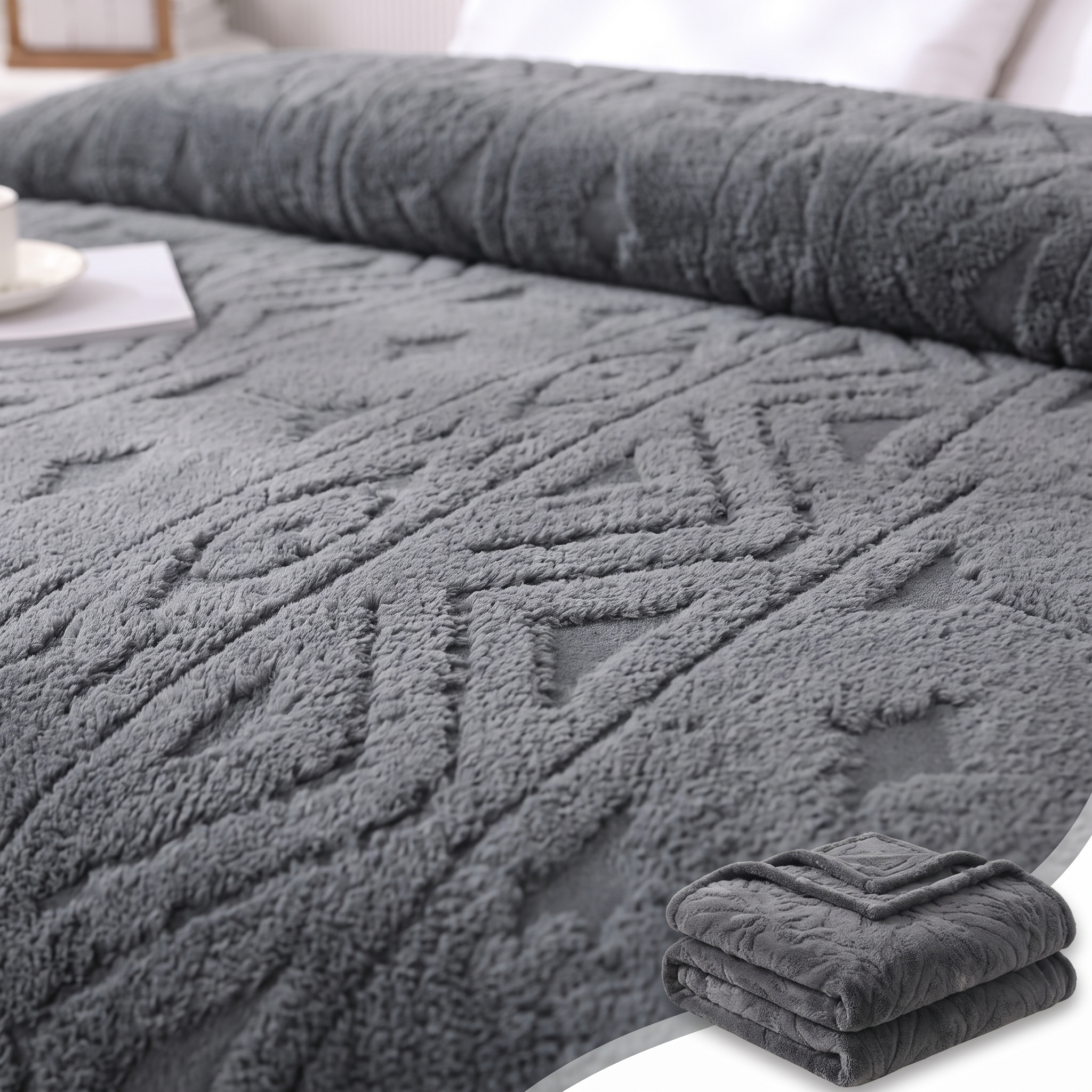 Deluxe Embossed Plush Blanket – Charcoal Grey
