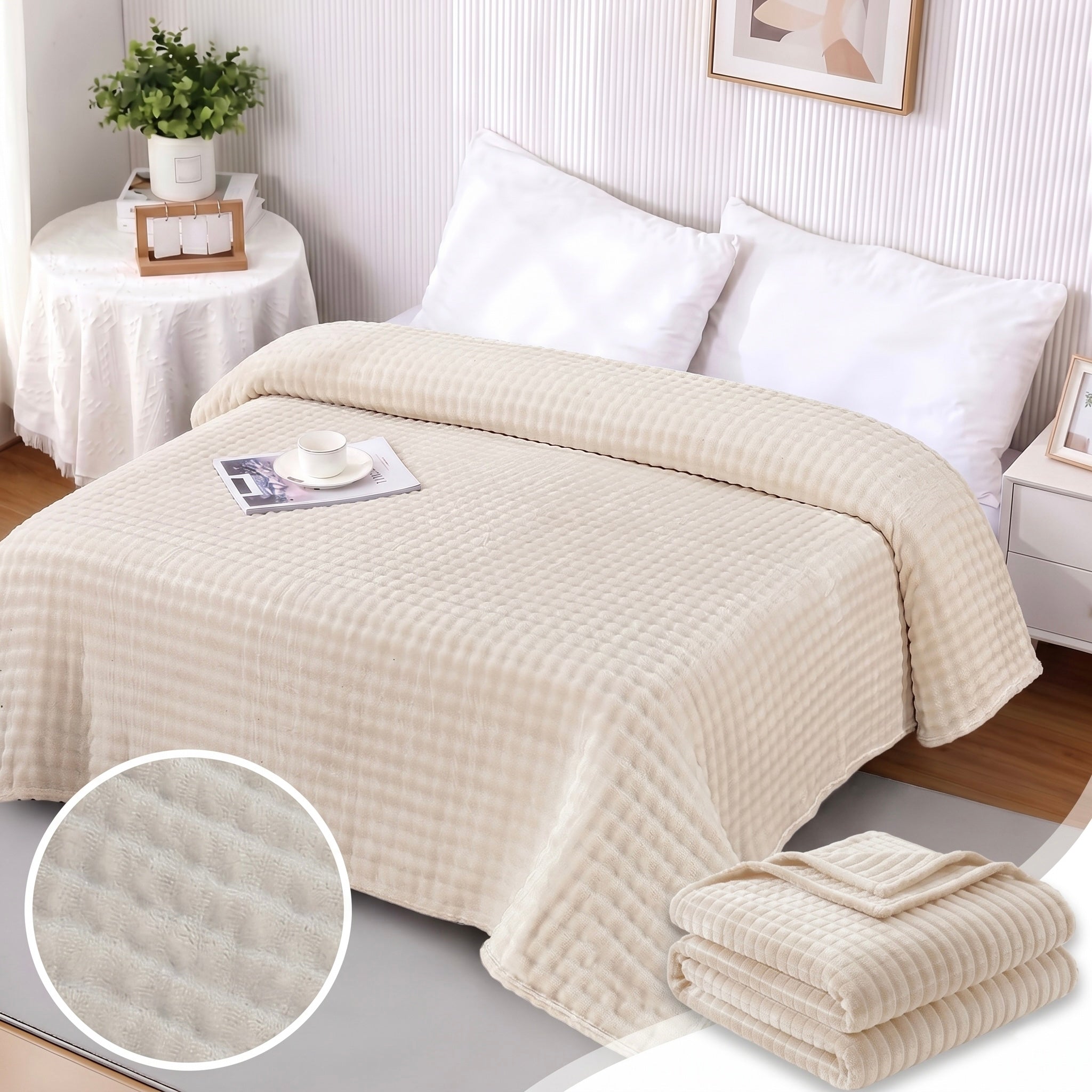 ZIMSHA Premium 3D Waffle Plush Fleece Blanket – Creamy Ivory (200x240 cm)