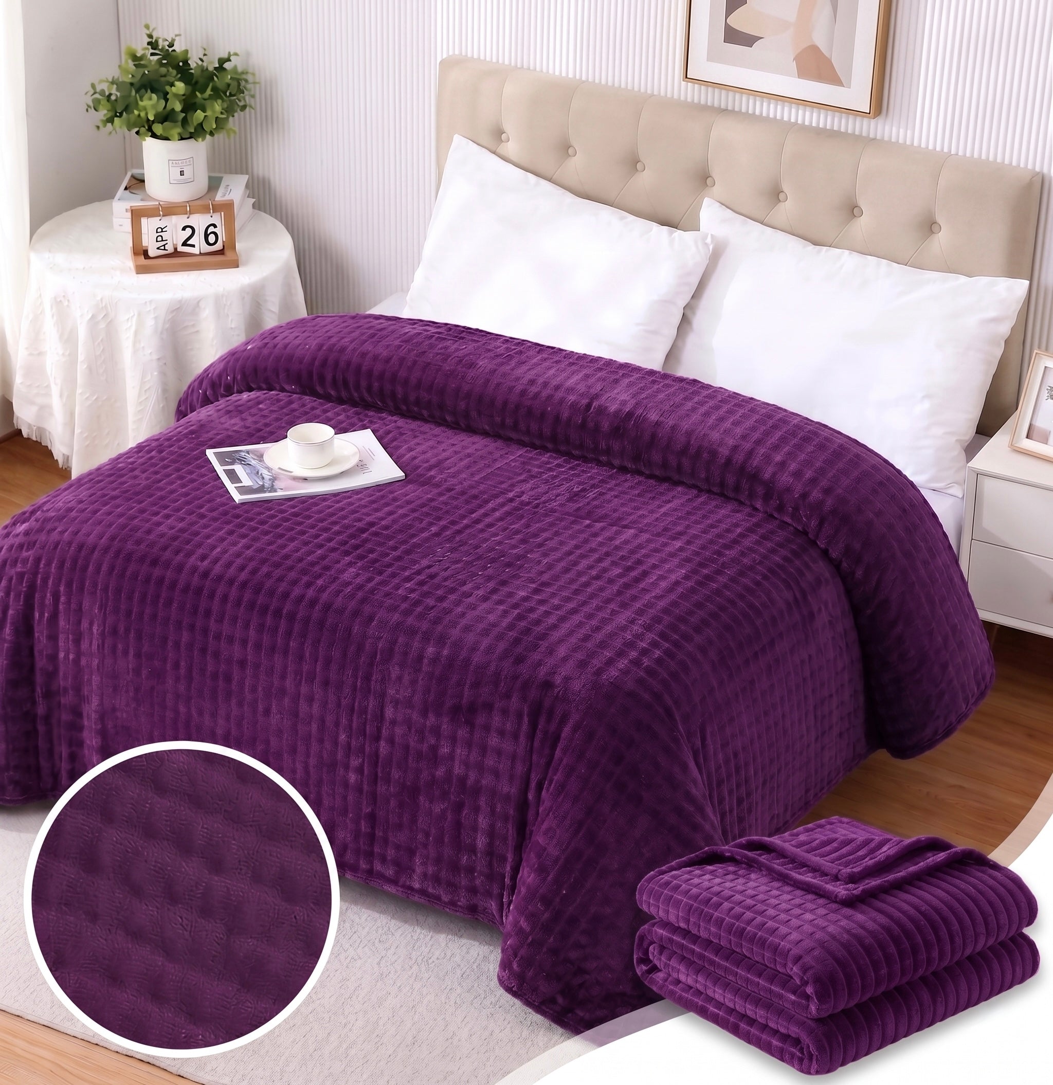 ZIMSHA Premium 3D Waffle Plush Fleece Blanket – Deep Plum Purple (200x240 cm)