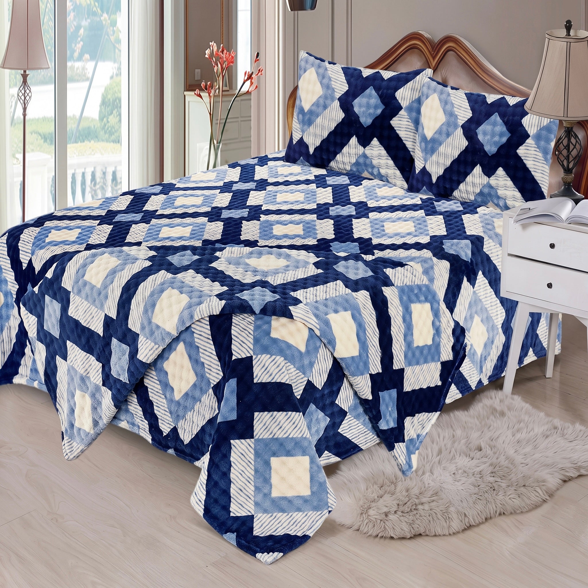 Splendid Navy and Blue Diamond Boxy Bubble 4-Piece Bedding Set