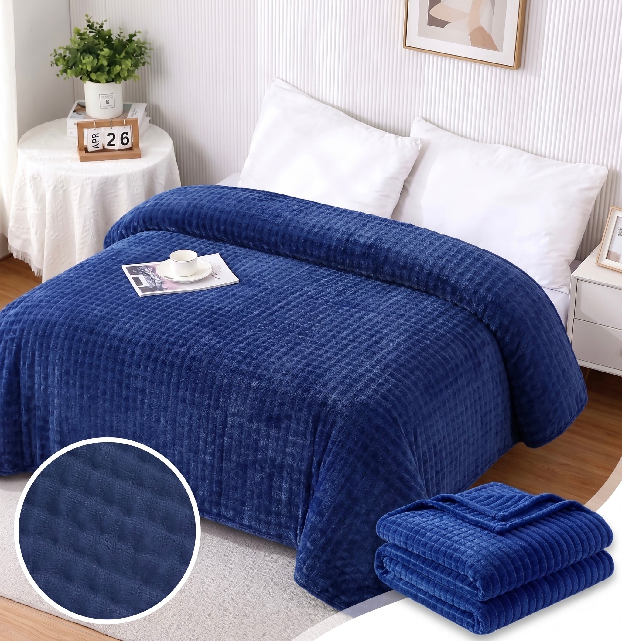 ZIMSHA Premium 3D Waffle Plush Fleece Blanket – Deep Navy Blue (200x240 cm)