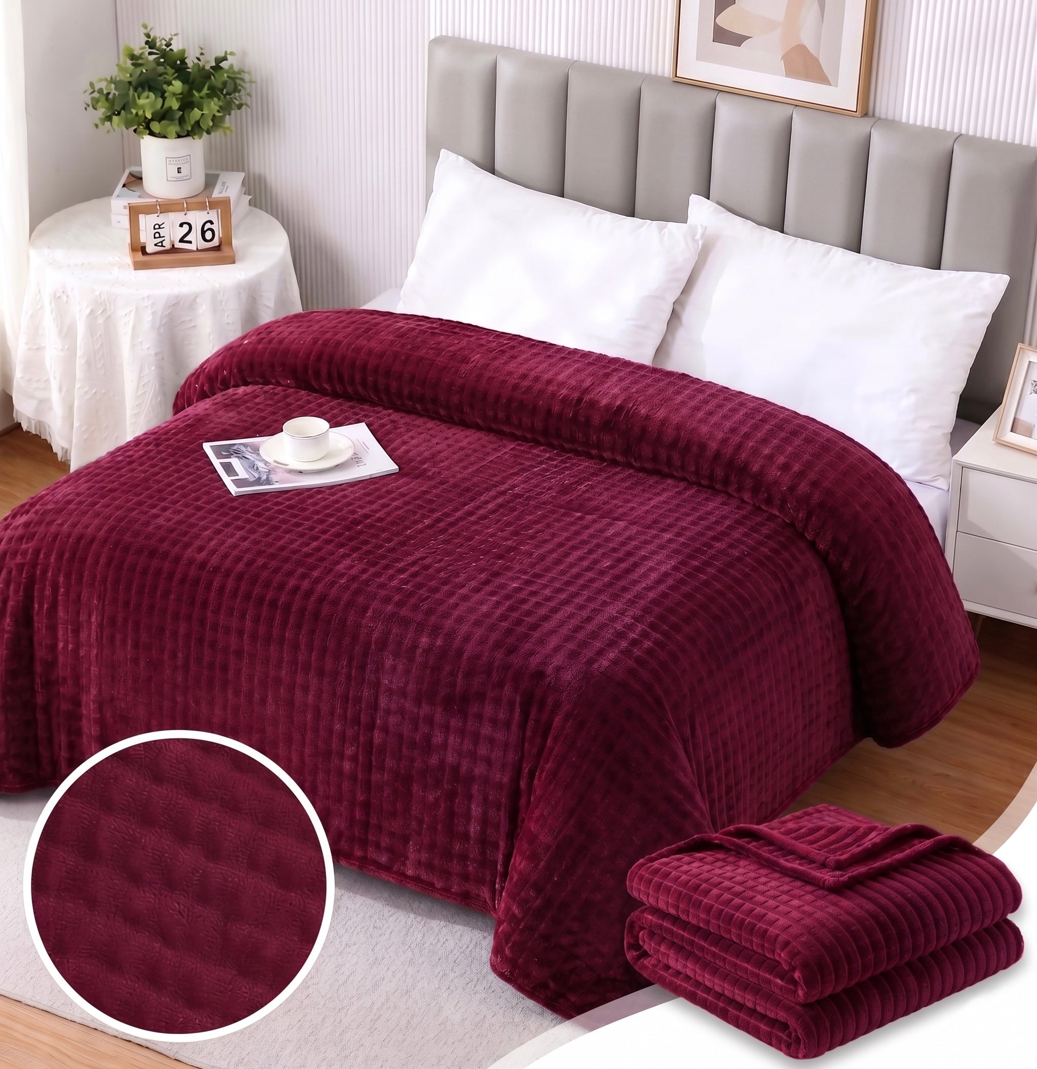 ZIMSHA Premium 3D Waffle Plush Fleece Blanket – Rich Burgundy (200x240 cm)