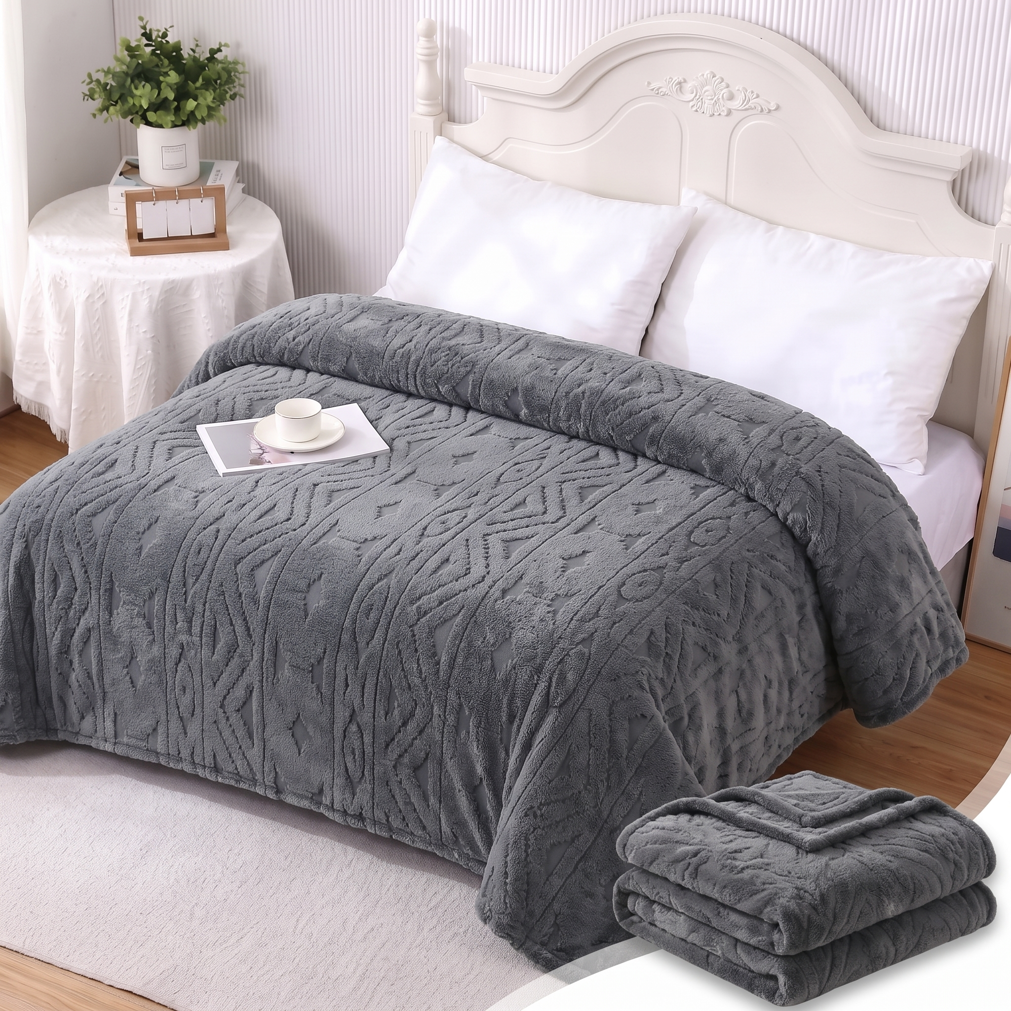 Deluxe Embossed Plush Blanket – Charcoal Grey