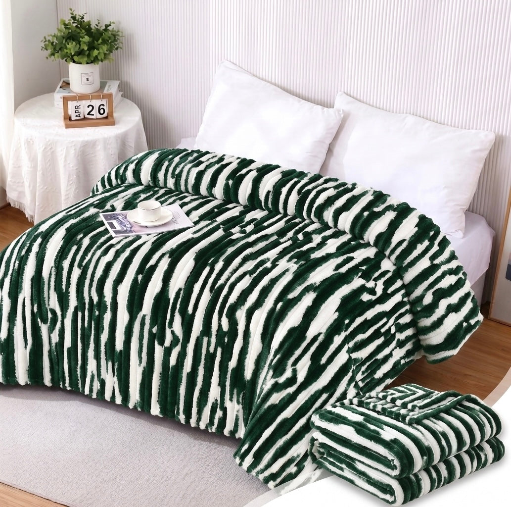 ZIMSHA Premium Plush Striped Blanket – Emerald Green & White (200x240 cm)