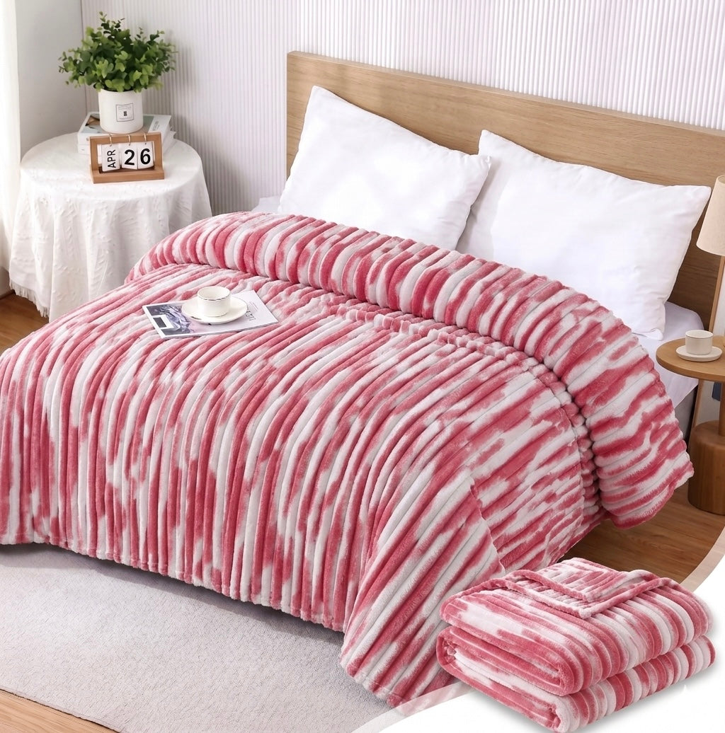 ZIMSHA Premium Plush Striped Blanket – Rose Pink & White (200x240 cm)
