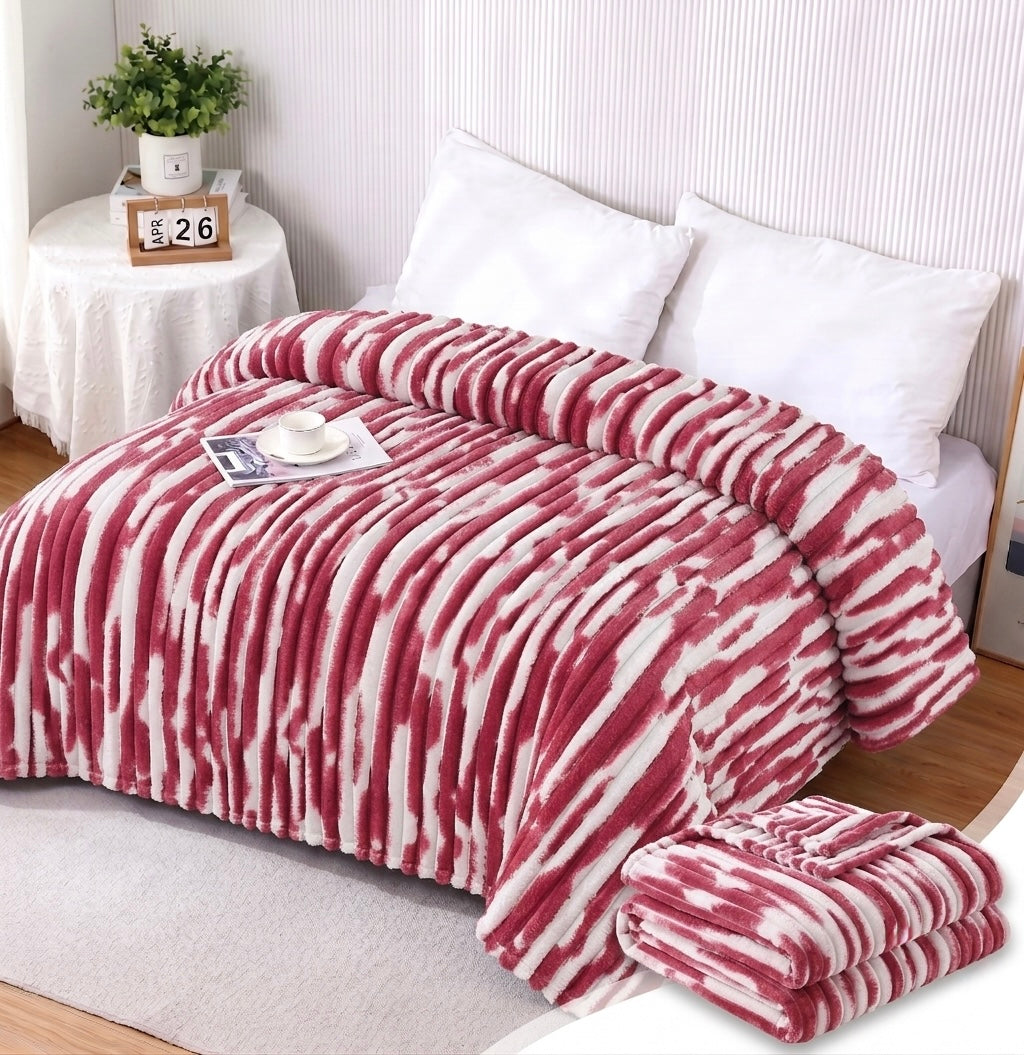 ZIMSHA Premium Plush Ribbed Blanket – Deep Maroon & White (200x240 cm)