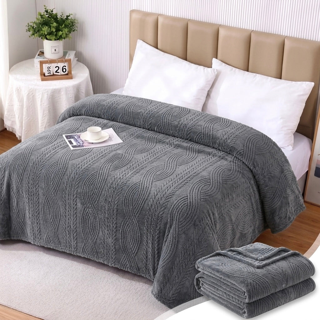 ZIMSHA Premium Embossed Wave Plush Blanket – Charcoal Grey (200x240)