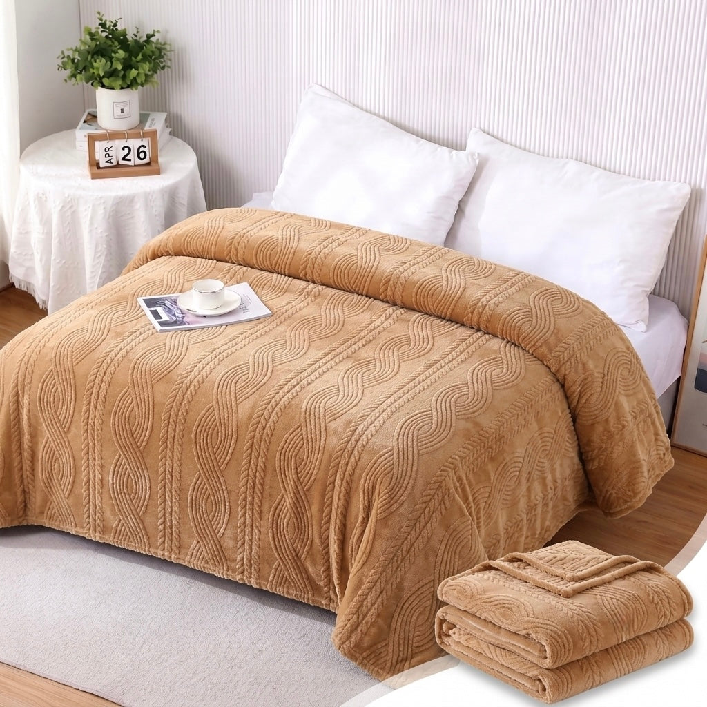 ZIMSHA Premium Embossed Wave Plush Blanket – Warm Camel (200x240)