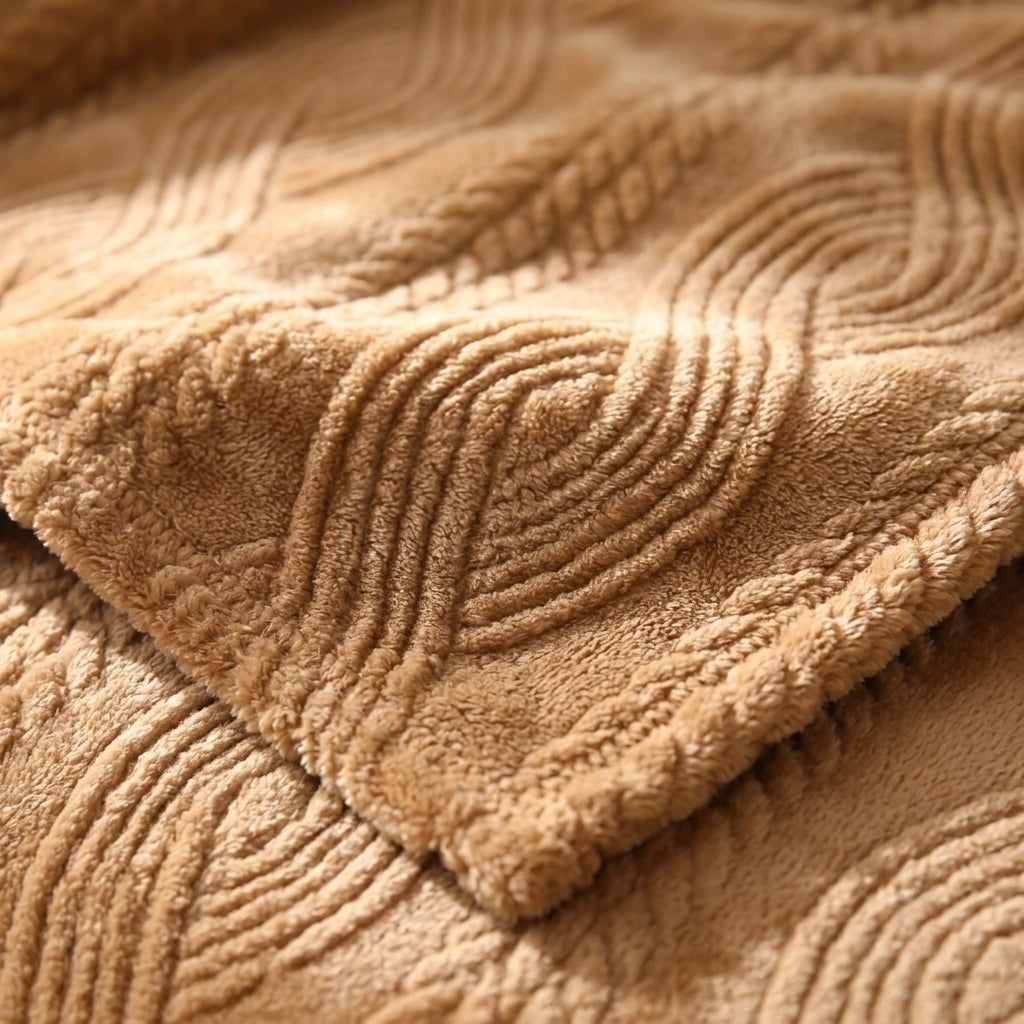 ZIMSHA Premium Embossed Wave Plush Blanket – Warm Camel (200x240)