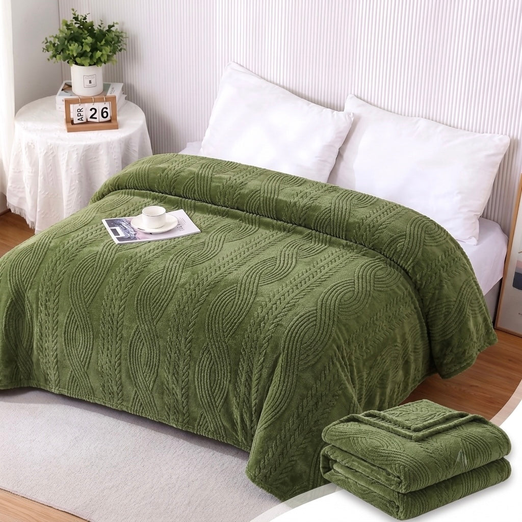ZIMSHA Premium Embossed Wave Plush Blanket – Olive Green (200x240)