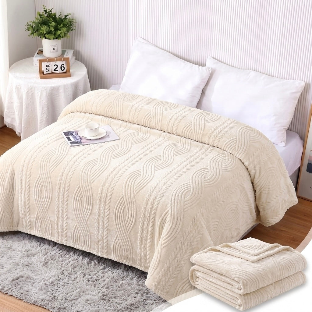ZIMSHA Premium Embossed Wave Plush Blanket – Soft Ivory (200x240)