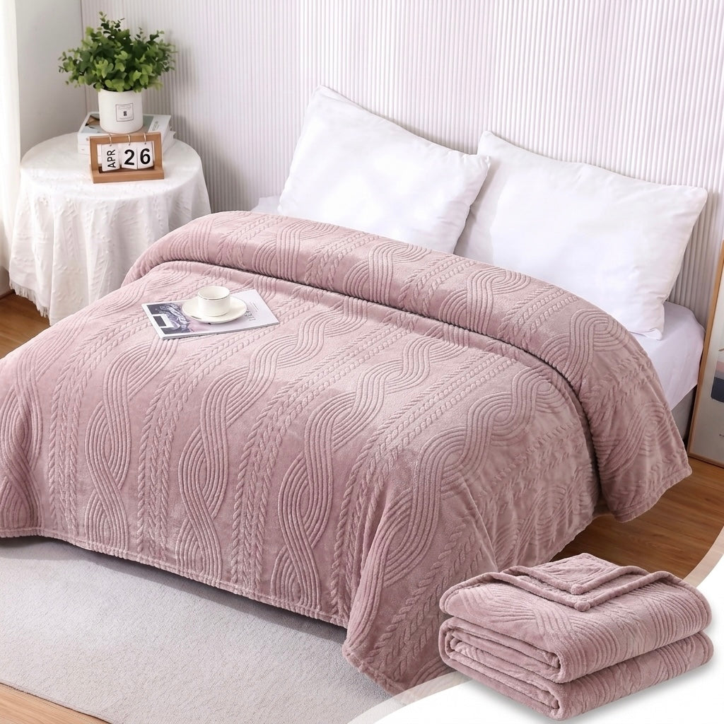 ZIMSHA Premium Embossed Wave Plush Blanket – Dusty Rose (200x240)