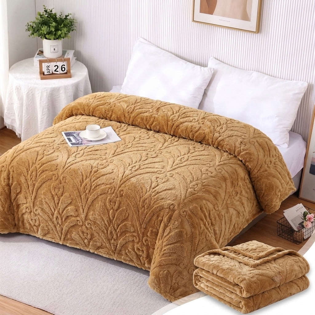 ZIMSHA Premium Embossed Plush Blanket – Golden Camel (200x240 cm)