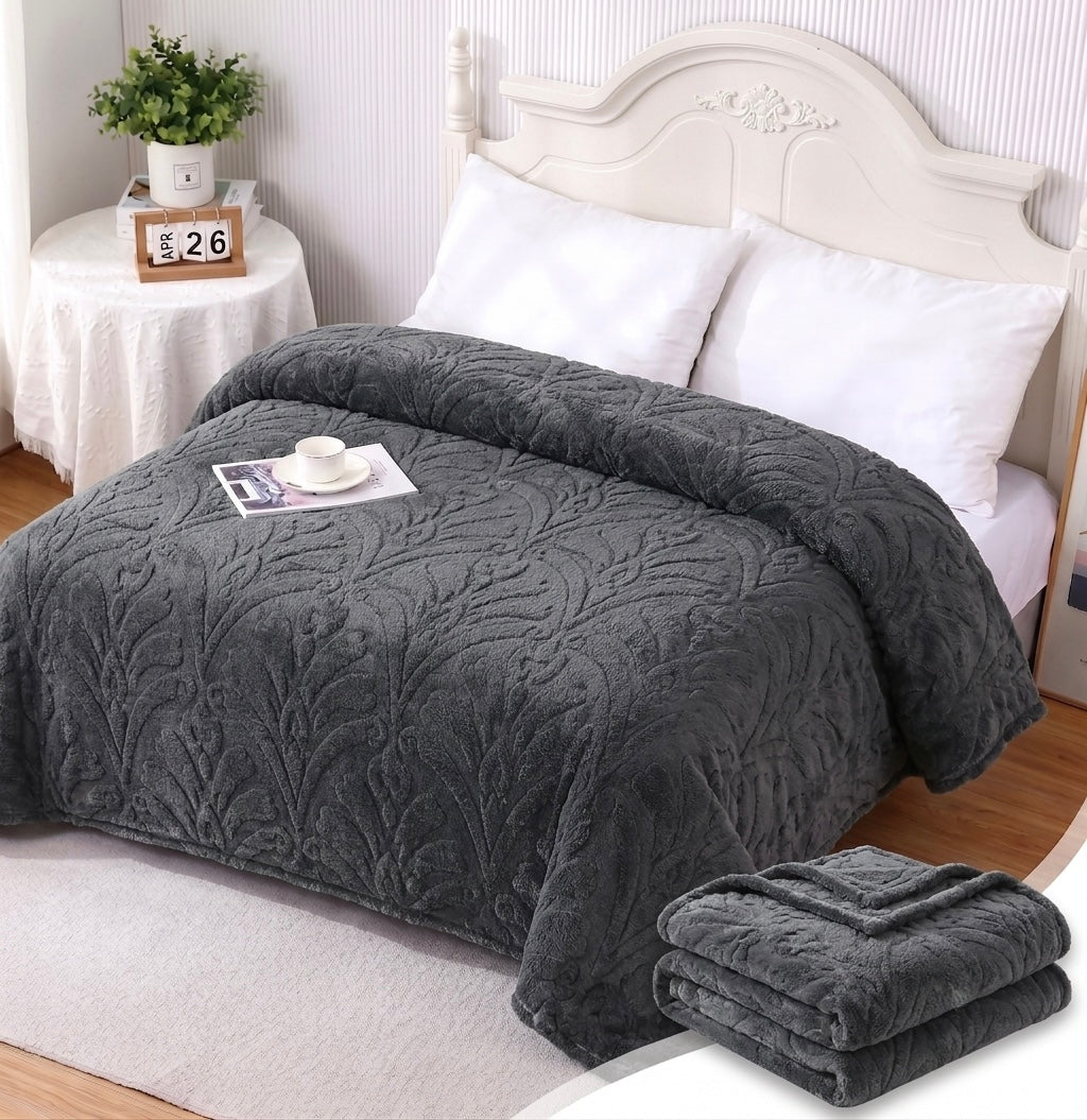 ZIMSHA Premium Embossed Plush Blanket – Charcoal Grey (200x240 cm)