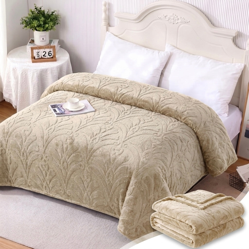 ZIMSHA Premium Embossed Plush Blanket – Warm Sand Beige (200x240 cm)