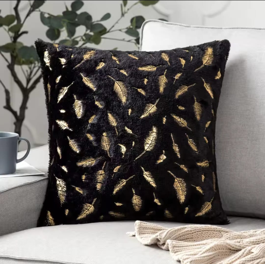 Black Plush Cushion Cover with Metallic Gold Feathers