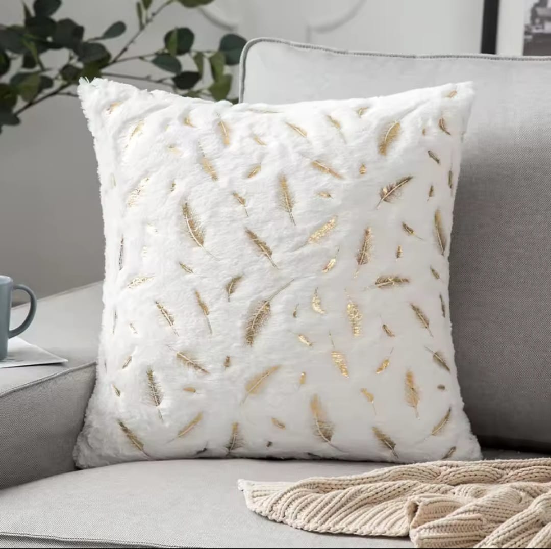 White Plush Cushion Cover with Metallic Gold Feathers
