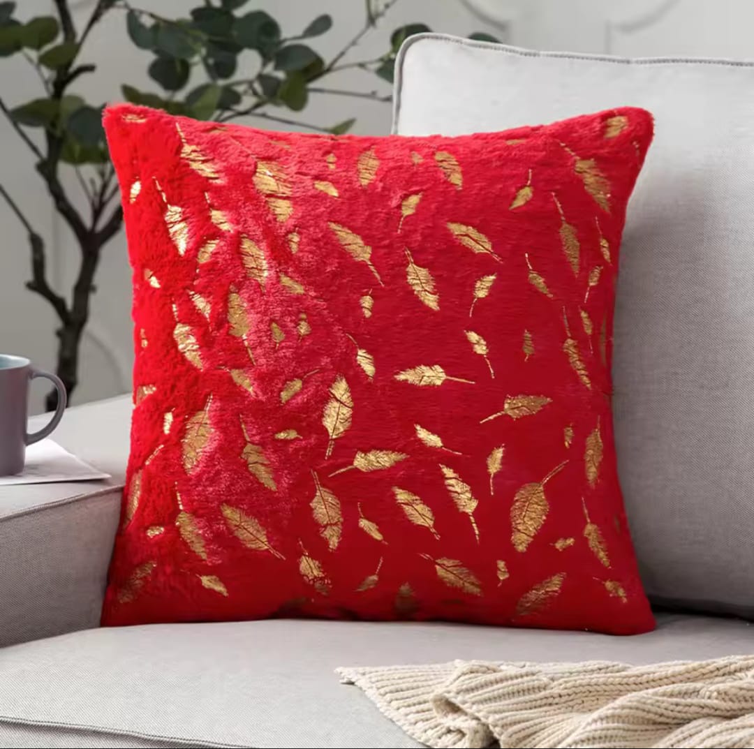 Red Plush Cushion Cover with Metallic Gold Feathers