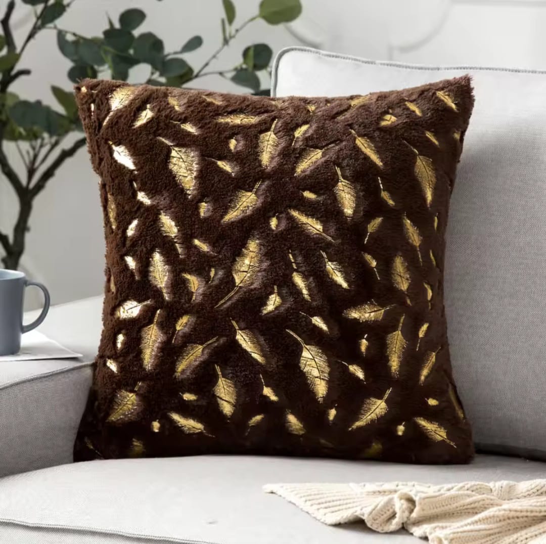 Brown Plush Cushion Cover with Metallic Gold Feathers
