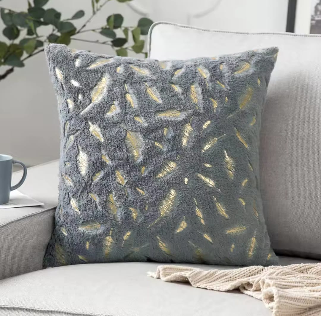 Gray Plush Cushion Cover with Metallic Gold Feathers
