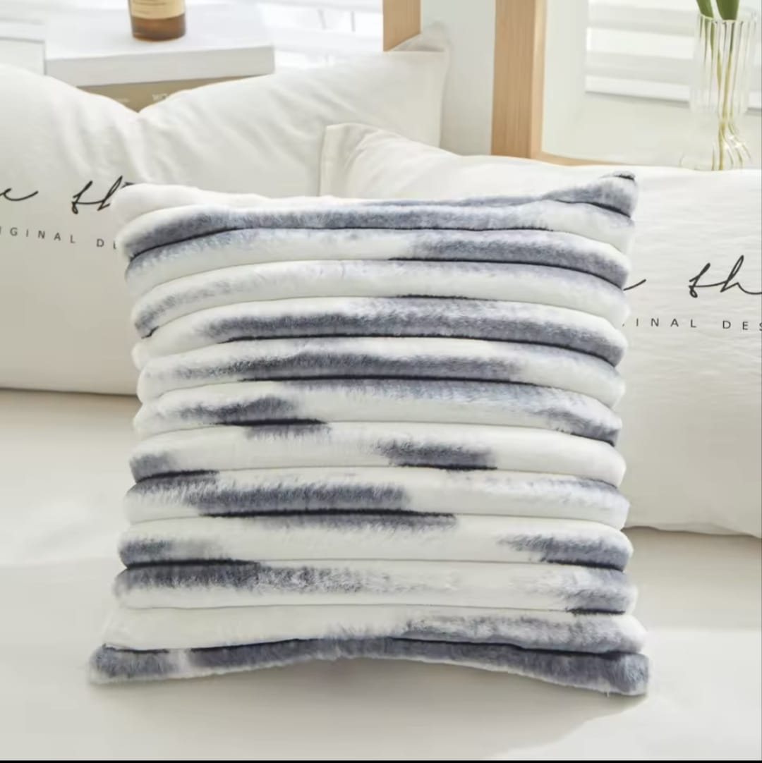Cozy Striped Fluffy Throw Pillow Cover – Gray/White