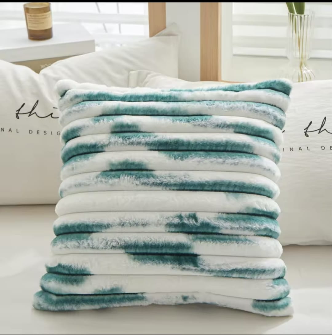 Cozy Striped Fluffy Throw Pillow Cover – Green/White